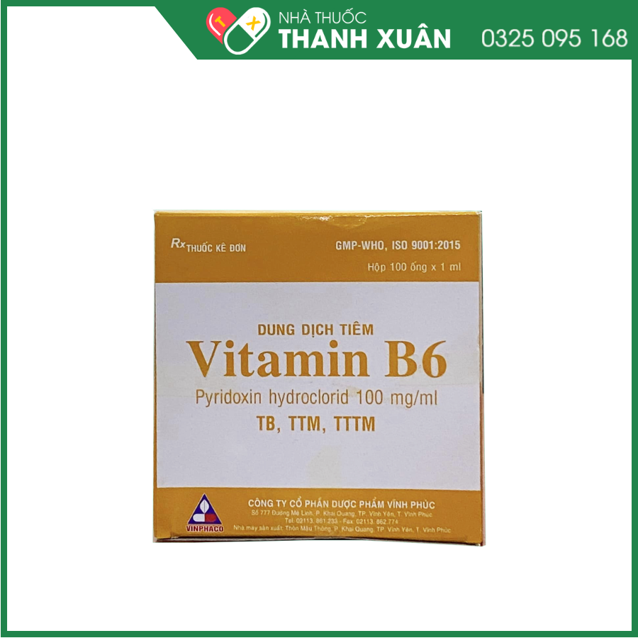 Thuốc tiêm Vitamin B6 100mg/ml điều trị thiếu Vitamin B6, ngộ độc cấp tính gây co giật hoặc hôn mê